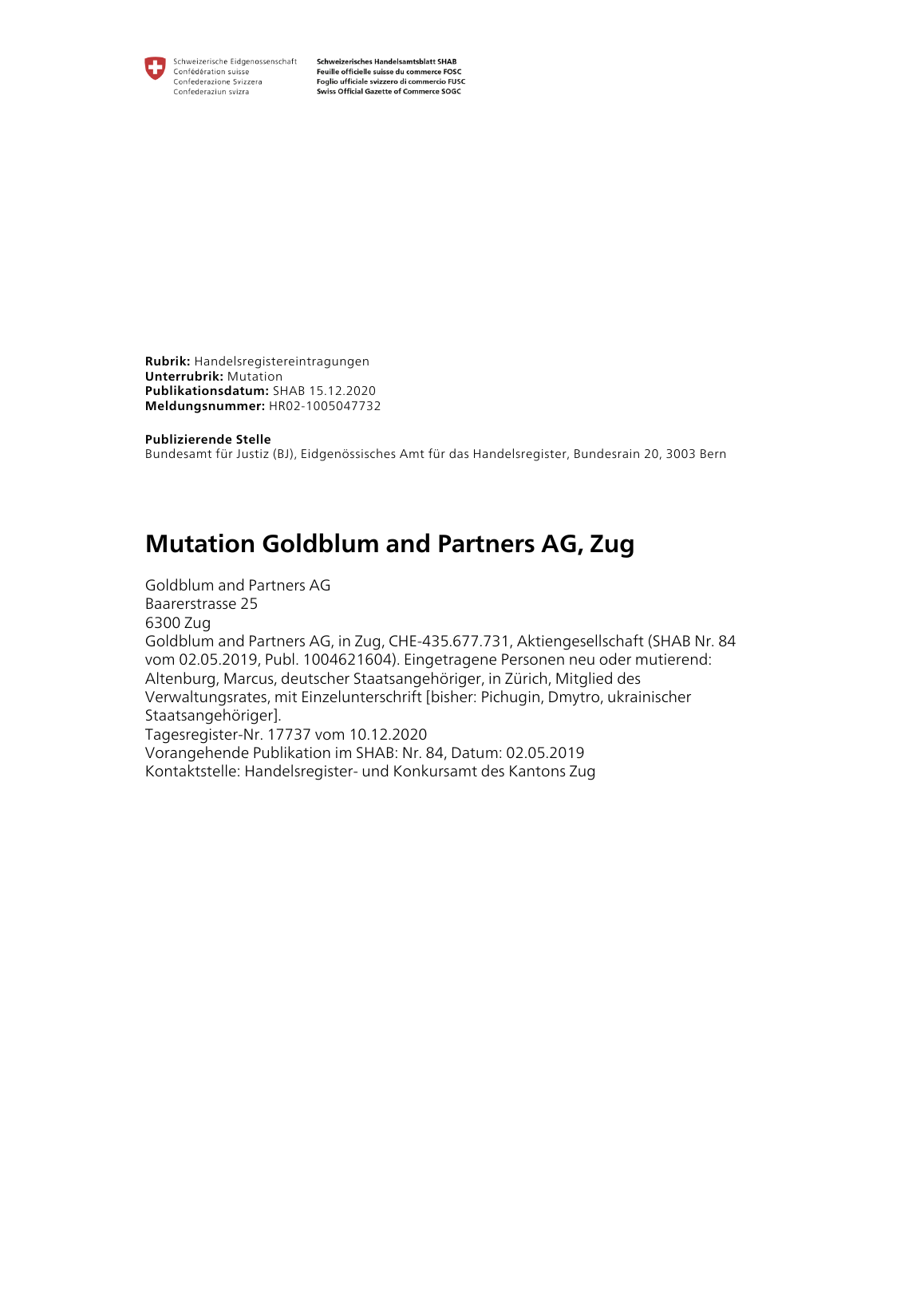 Schweizer Handelsamtsblatt vom 15. Dezember 2020: Marcus Altenburg, bisher Pichugin, Dmytro
